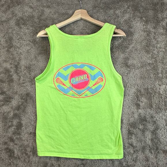 The Grind Lacrosse Tank Top Tee Neon Green Fruit of the Loom Heavy Cotton HD S - Picture 2 of 6